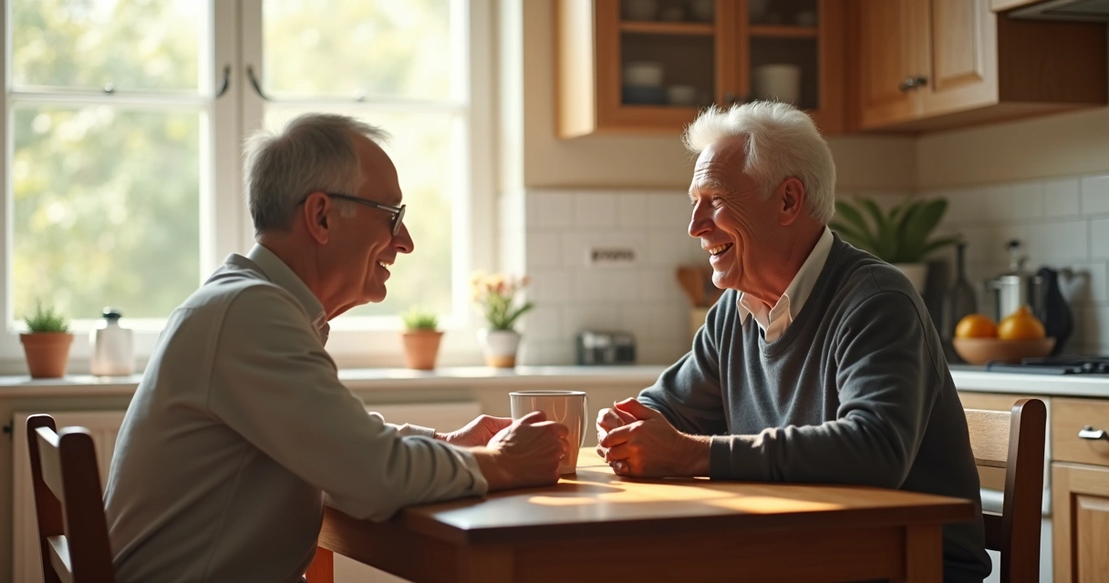 Dois adultos sentados conversando, transmitindo apoio em ambiente doméstico. 