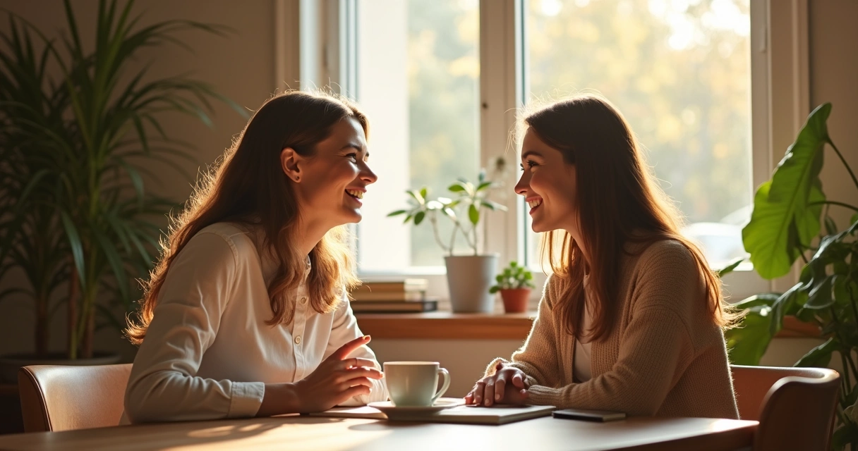 Duas pessoas sentadas conversando e sorrindo com expressão amistosa. 