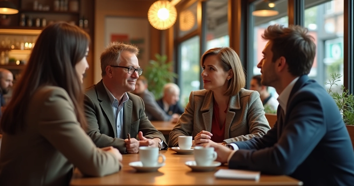 Grupo de pessoas conversando sentadas em mesa de café