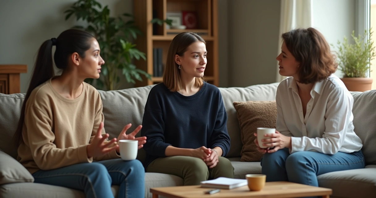 Três pessoas sentadas em círculo conversando com expressão de acolhimento 