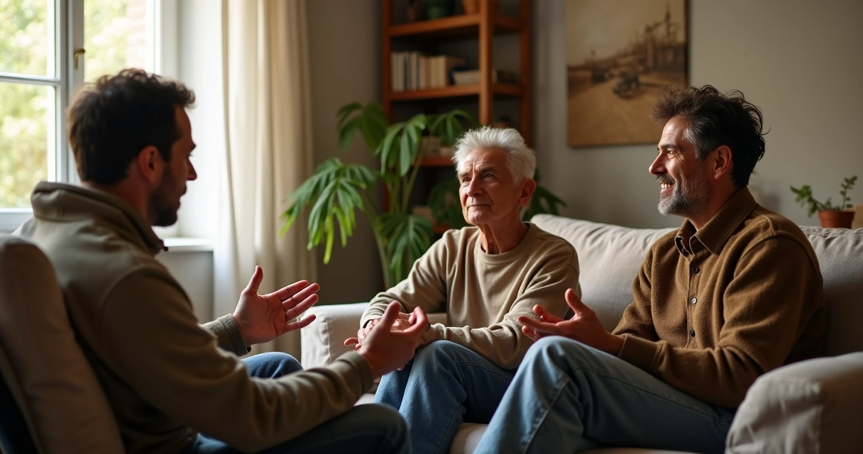 Três pessoas sentadas em círculo conversando com conexão profunda 