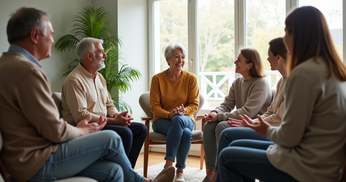 Pessoas sentadas em círculo em uma sala iluminada, conversando de forma respeitosa