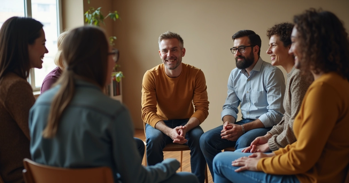 Grupo sentado em círculo conversando com atenção 