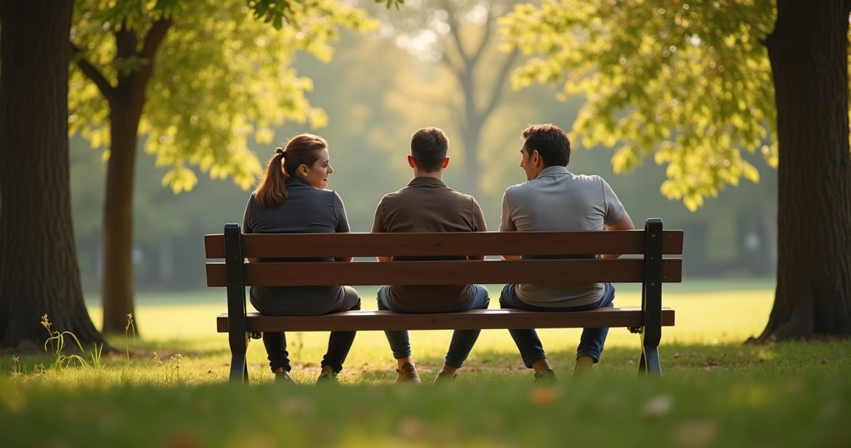 Três pessoas conversando em um parque, sentadas em um banco rodeado por árvores