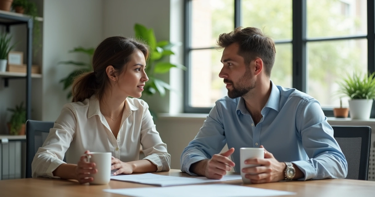 Dois colegas conversando sentados em uma sala de escritório com gestos atenciosos