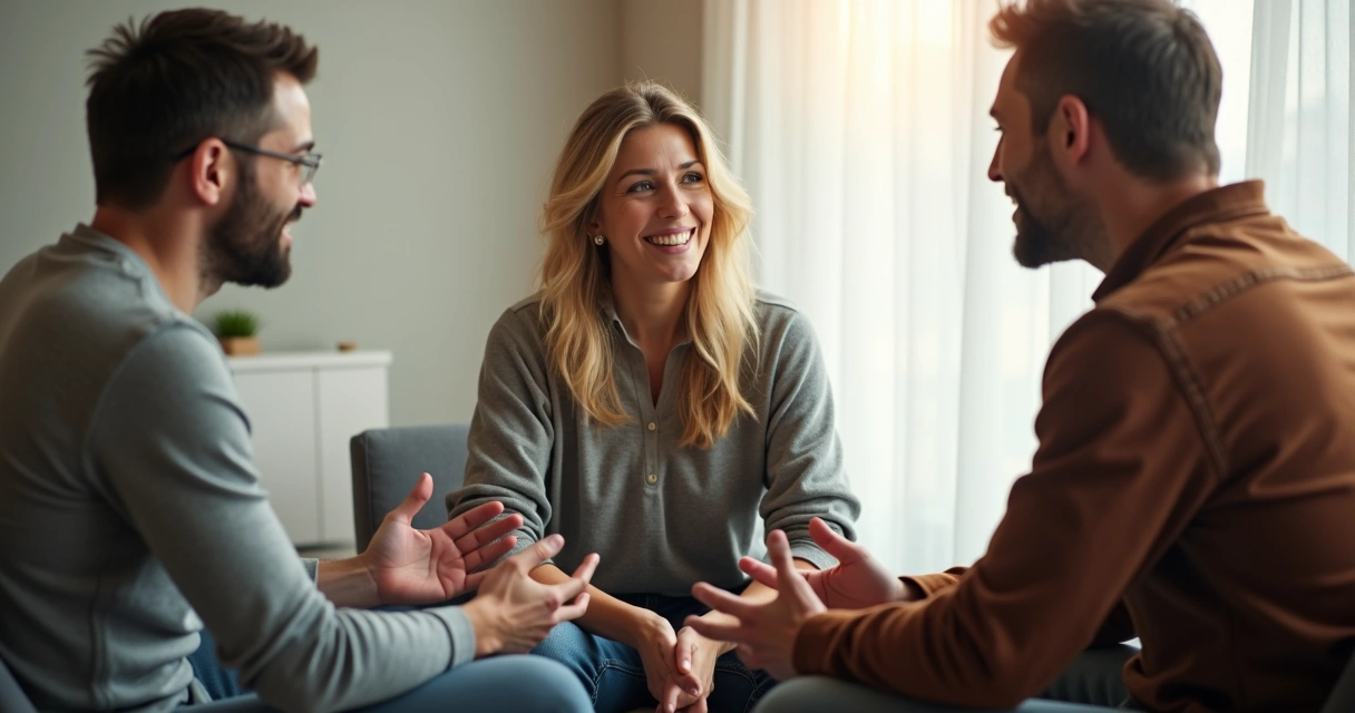 Três pessoas sentadas em círculo praticando escuta ativa 
