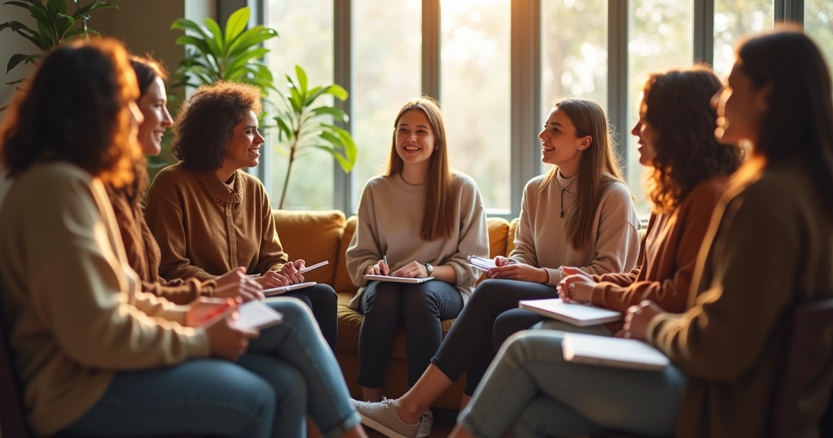 Grupo sentado em círculo trocando feedbacks em um ambiente iluminado
