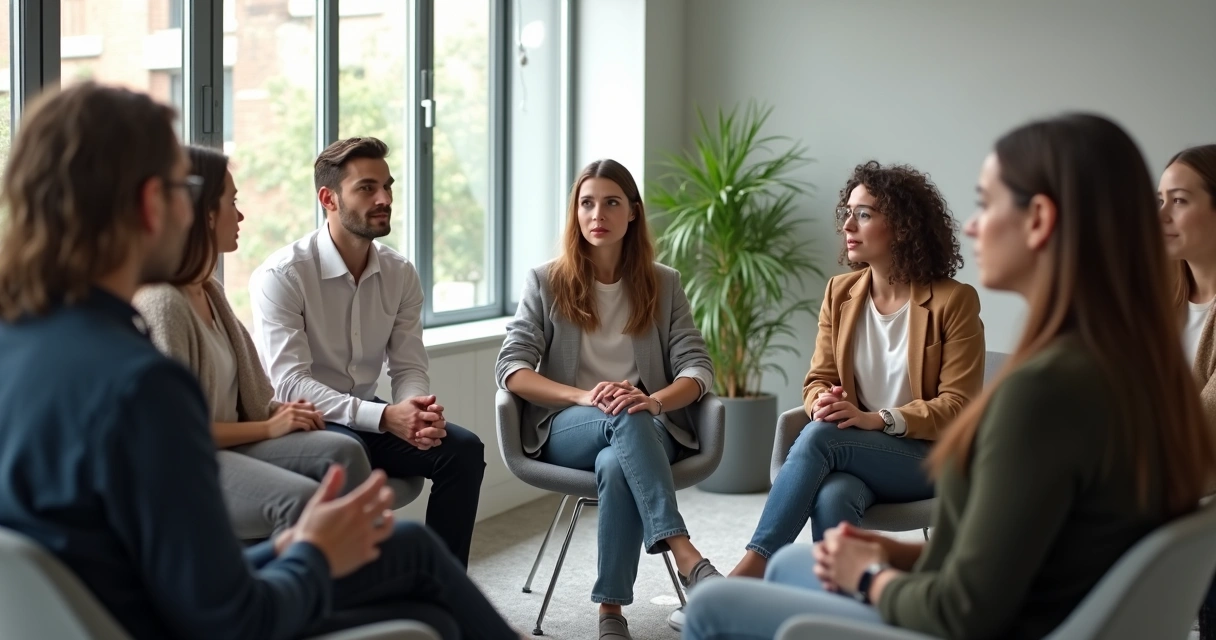 Grupo de pessoas conversando em círculo em um escritório 