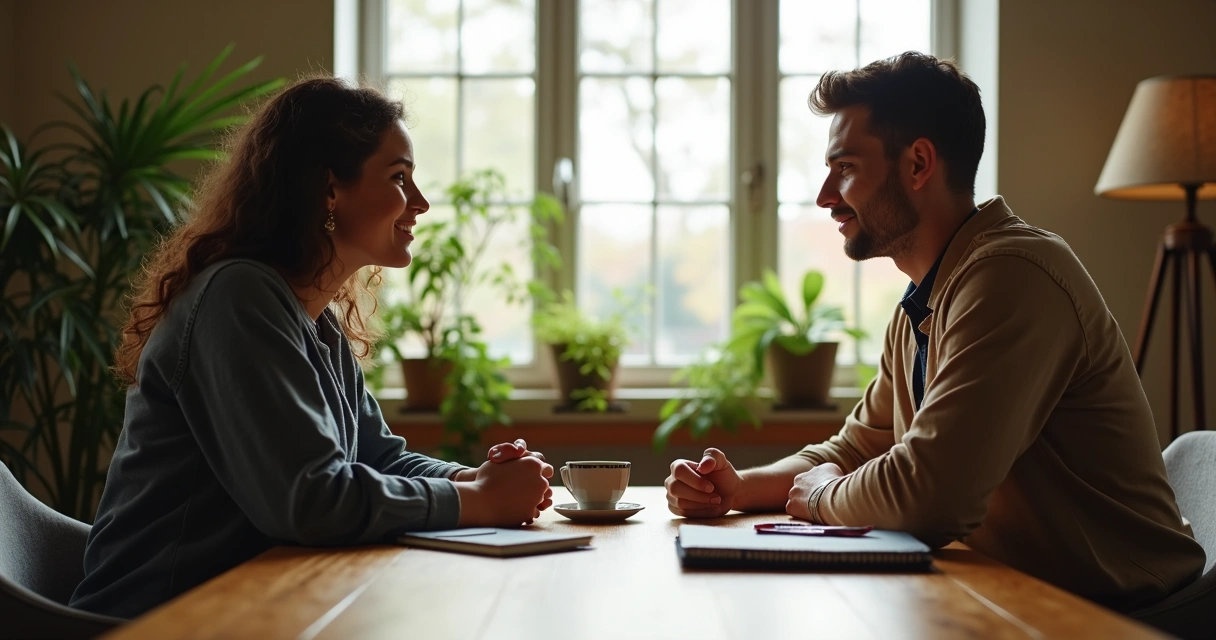 Duas pessoas sentadas frente a frente em uma mesa de madeira, conversando de forma atenta e calma 