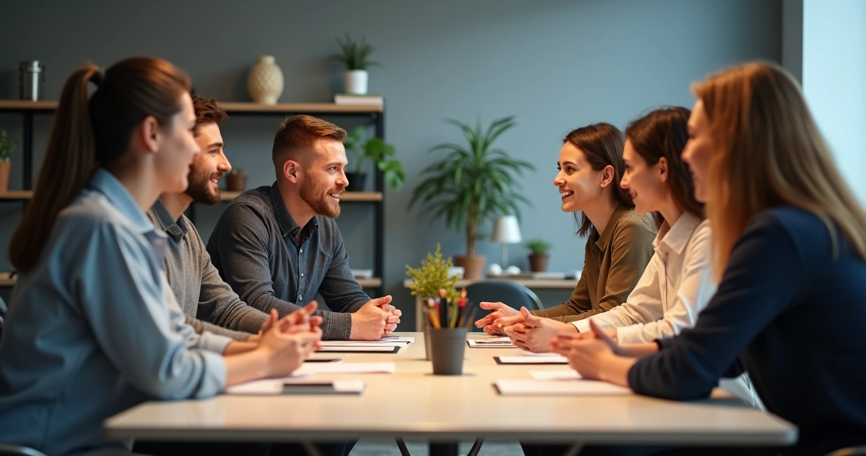 Colaboradores reunidos em mesa, discutindo ativamente em ambiente profissional.