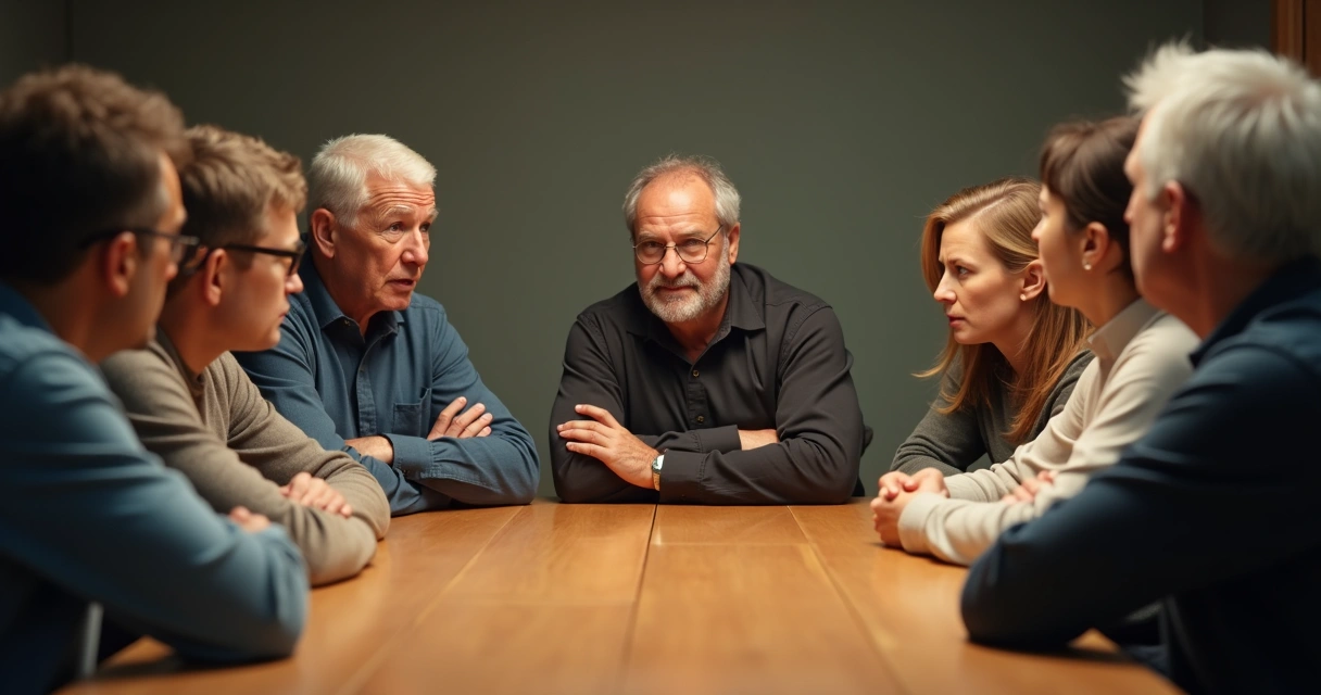 Grupo de pessoas conversando ao redor de uma mesa. 