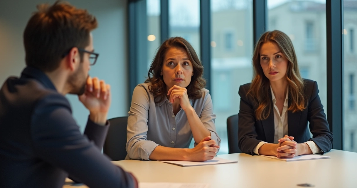 Três pessoas em mesa de reunião com expressão de escuta e uma breve pausa entre elas