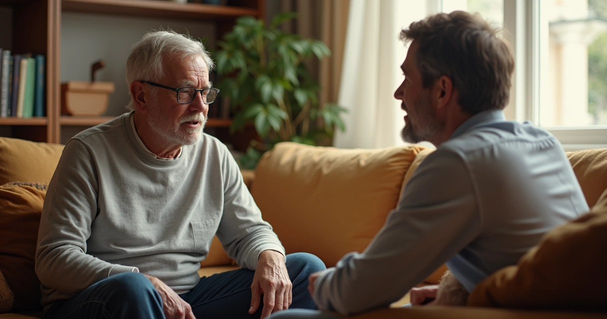 Duas pessoas sentadas em um ambiente confortável trocando uma conversa franca com expressões acolhedoras. 