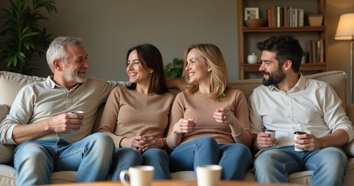 Pessoas sentadas em um sofá, conversando em ambiente confortável 