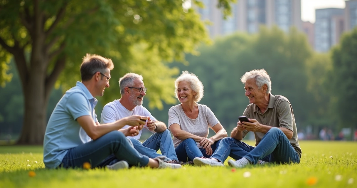 Grupo de pessoas conversando calmamente em um parque verde 