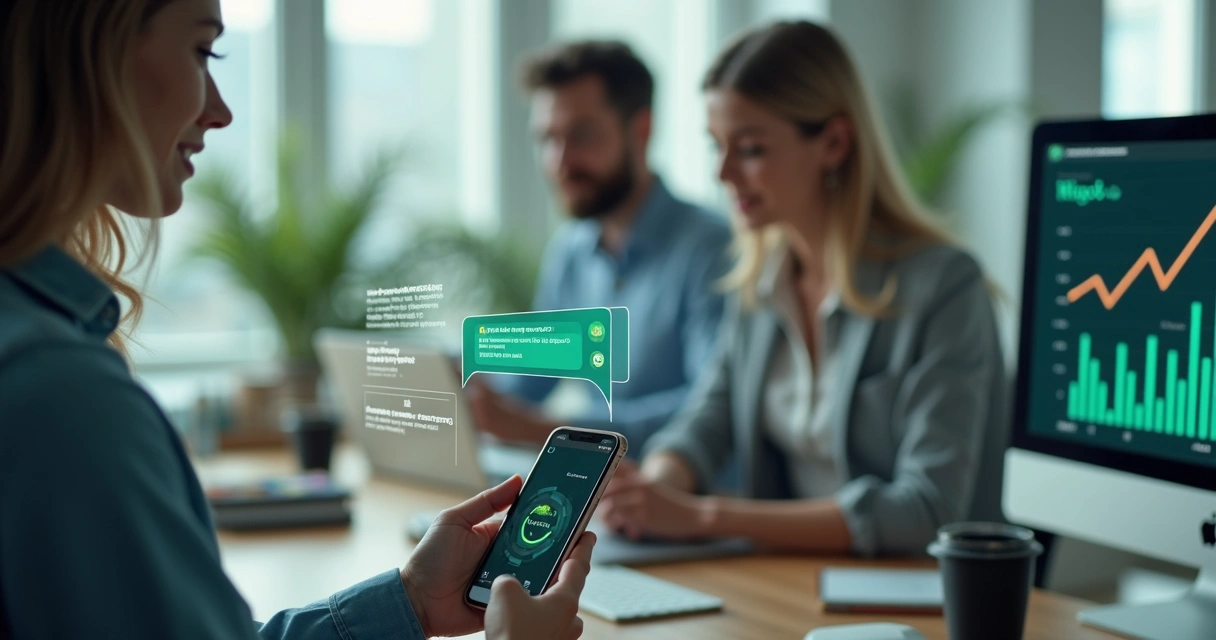 Duas pessoas conversando pelo celular usando WhatsApp em um ambiente comercial 