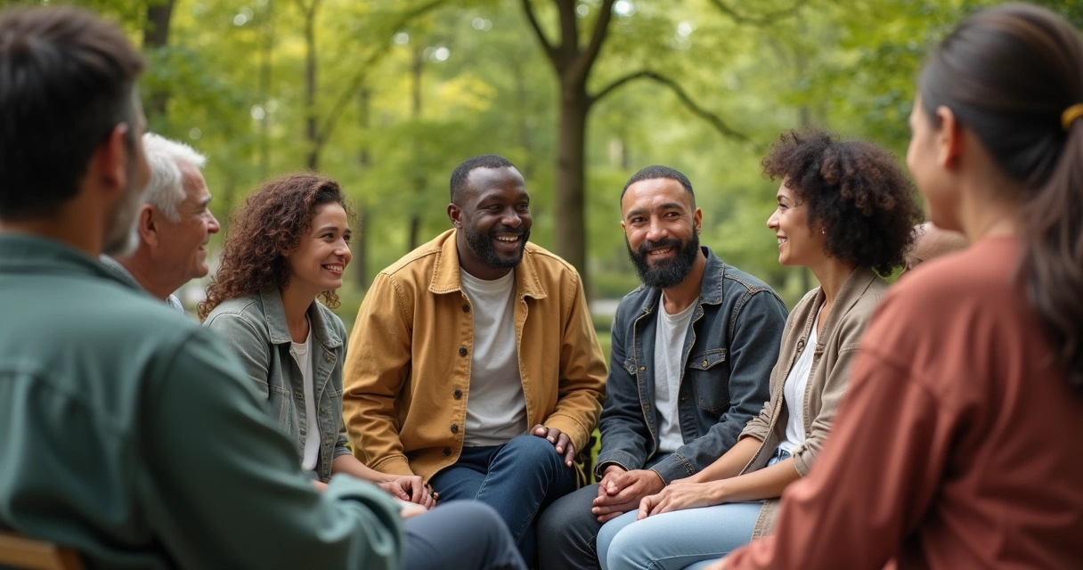 Grupo diverso de pessoas interagindo de forma respeitosa em ambiente natural. 