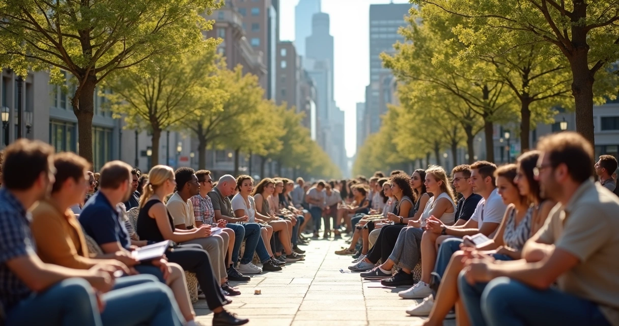 Grupo de pessoas conversando em uma praça no centro da cidade, sentados e em pé em clima amistoso