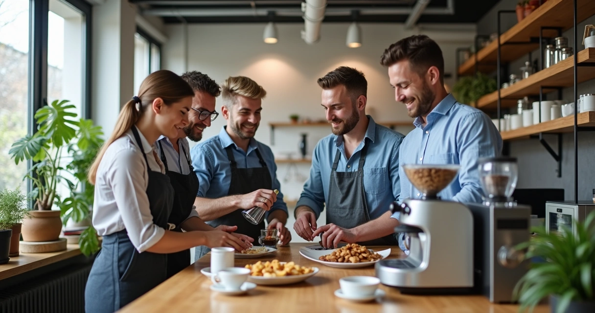 Grupo de pessoas preparando café em uma cozinha de coworking