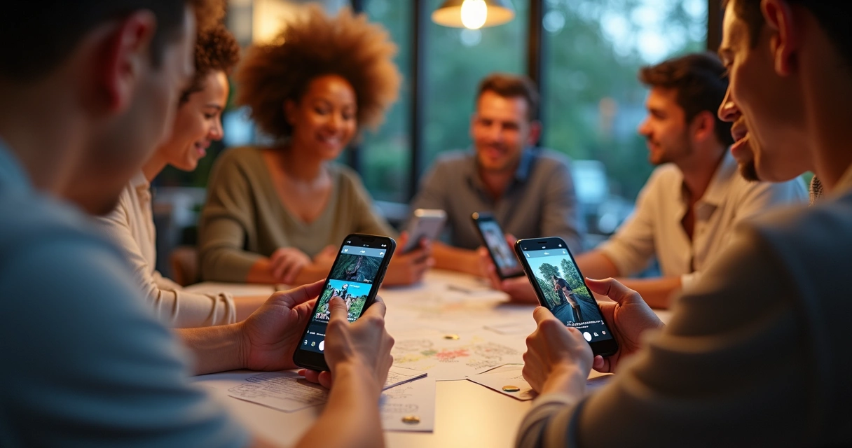 Grupo de pessoas olhando para seus celulares, interagindo no Instagram 