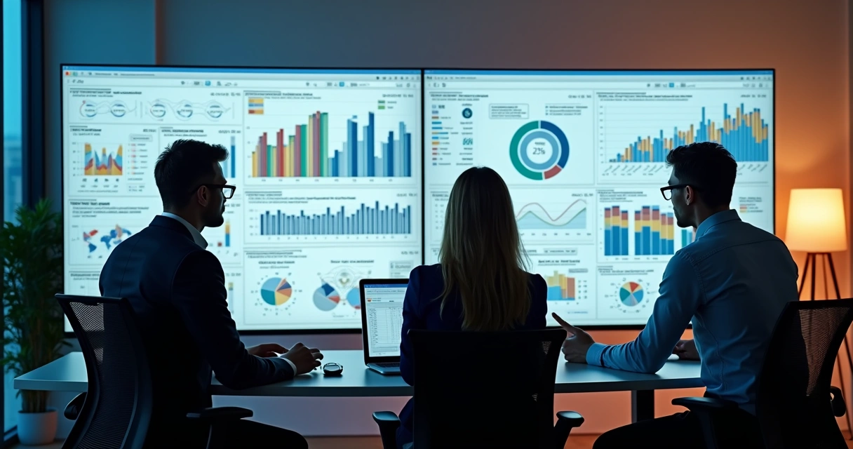 Profissionais analisando dashboards analíticos com gráficos de funil B2B, escritório moderno 