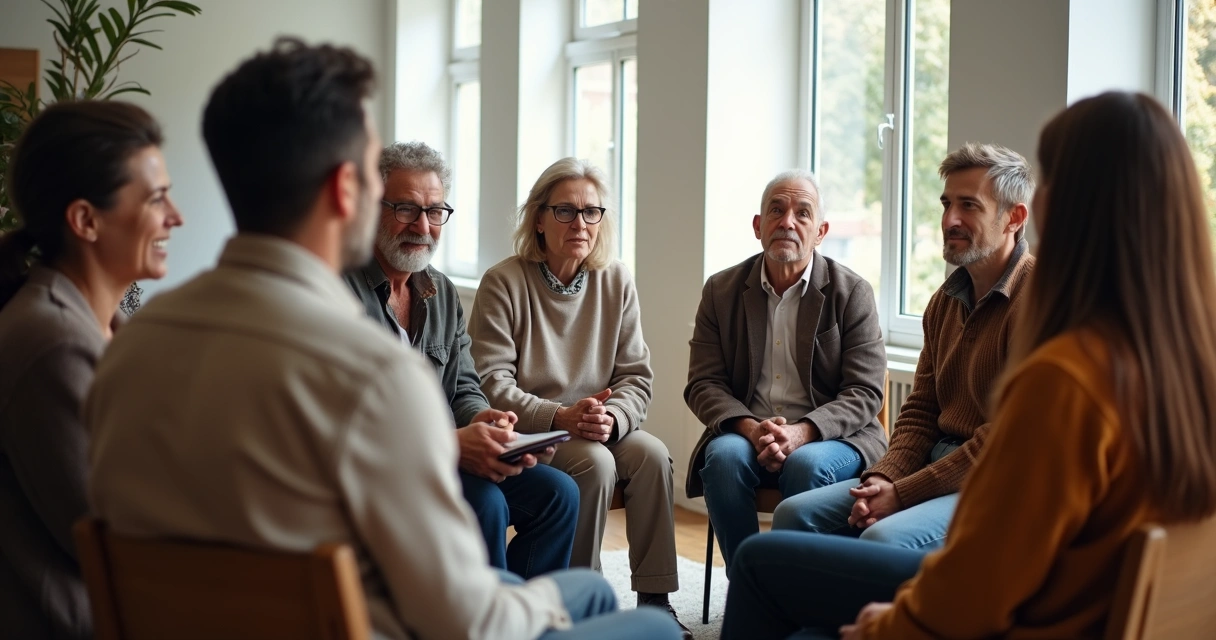 Pessoas conversando em círculo em ambiente moderno, com expressões de respeito e diversidade. 