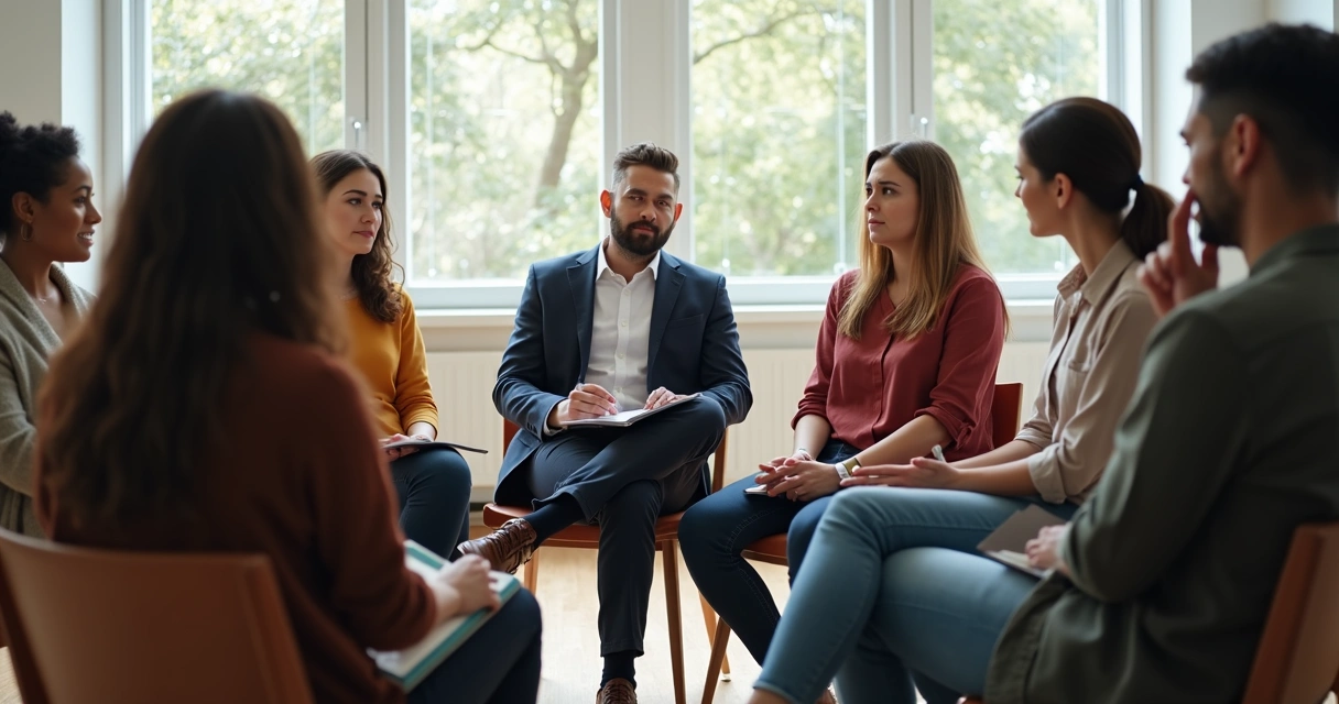Grupo diverso de pessoas debatendo e refletindo em círculo