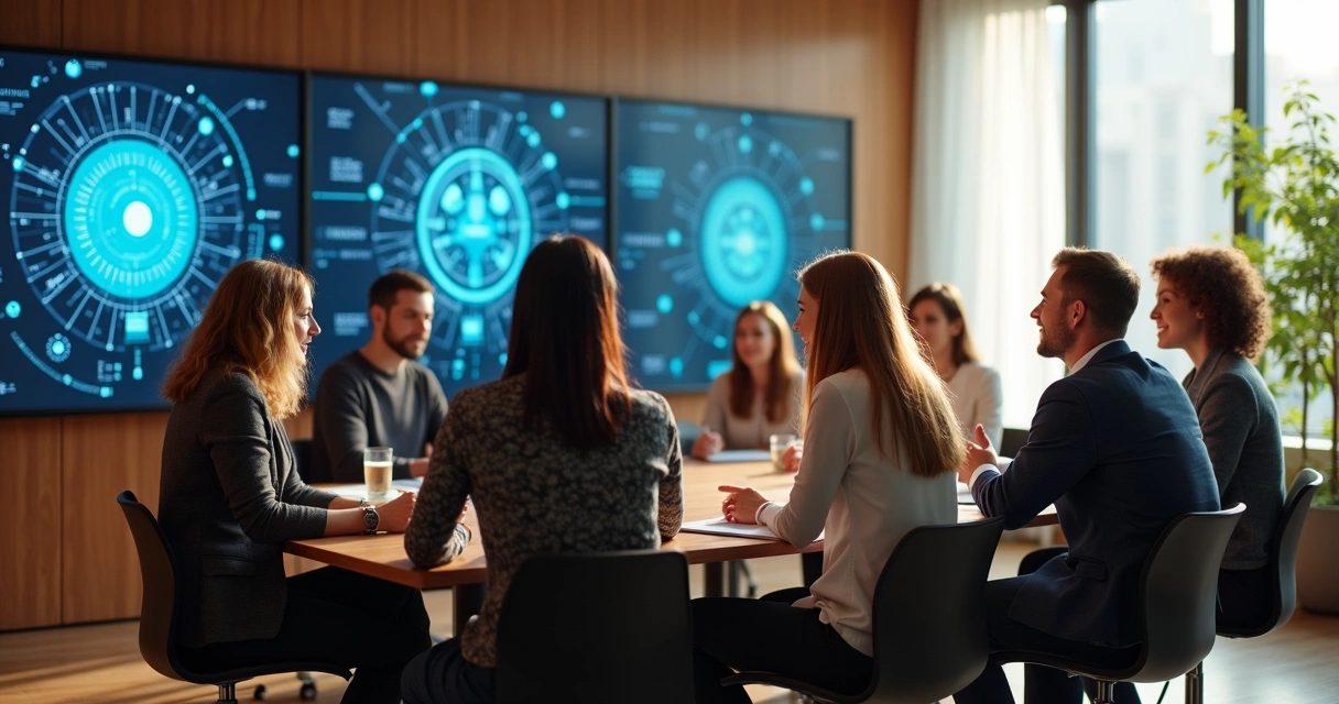 Pessoas sentadas debatendo ética digital em reunião 