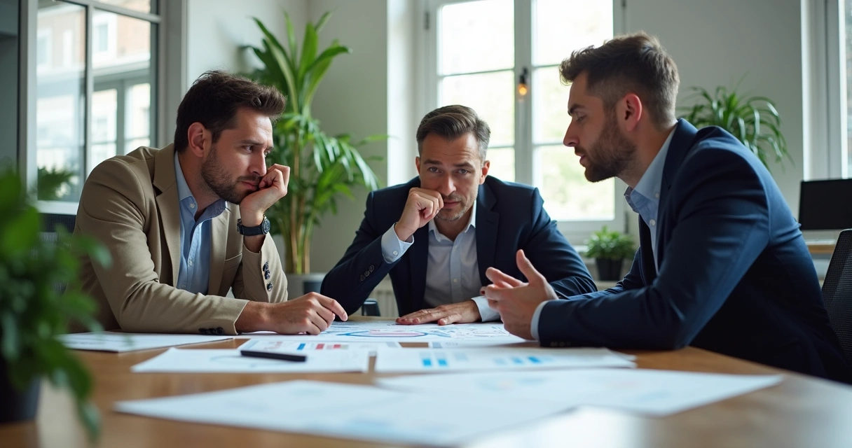 Três pessoas em uma mesa de reunião observando gráficos e debatendo, atmosfera de tensão e colaboração 