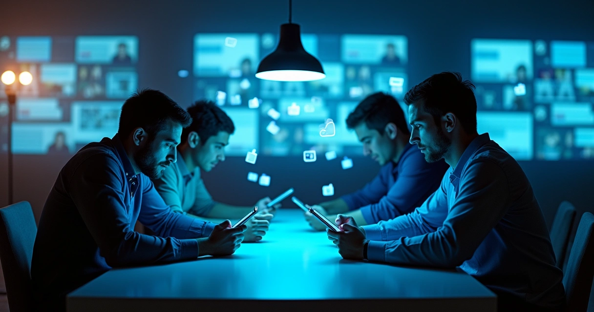 Grupo de pessoas em uma mesa cheia de telas sem conseguir se conectar no diálogo 