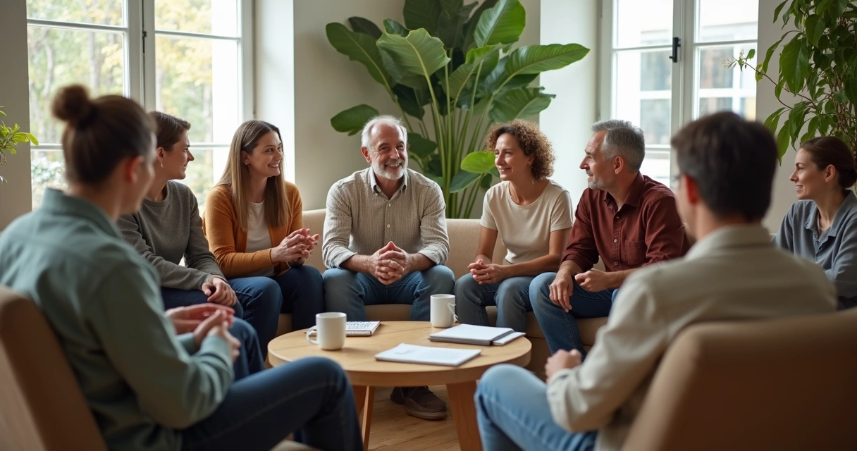 Grupo diverso conversando em círculo praticando escuta empática 