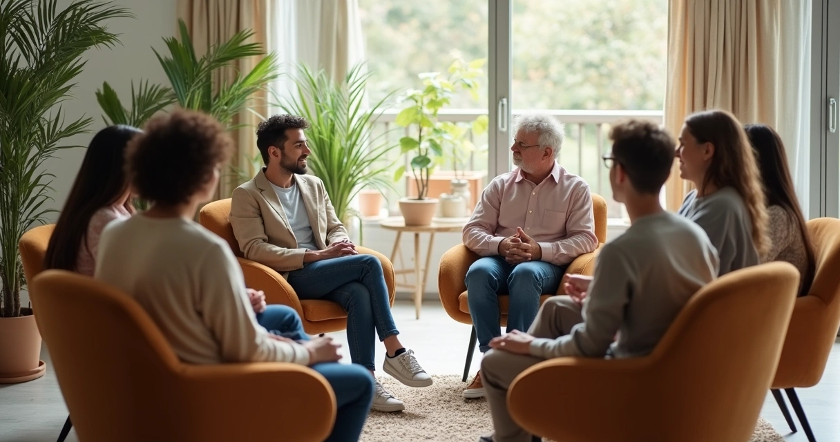 Grupo de pessoas em círculo, conversando de forma tranquila