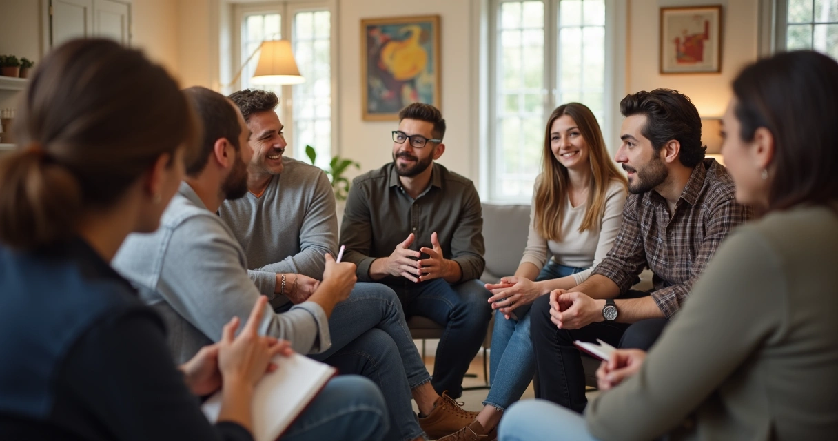 Grupo de pessoas conversando em um ambiente social com expressões atentas e reflexivas. 