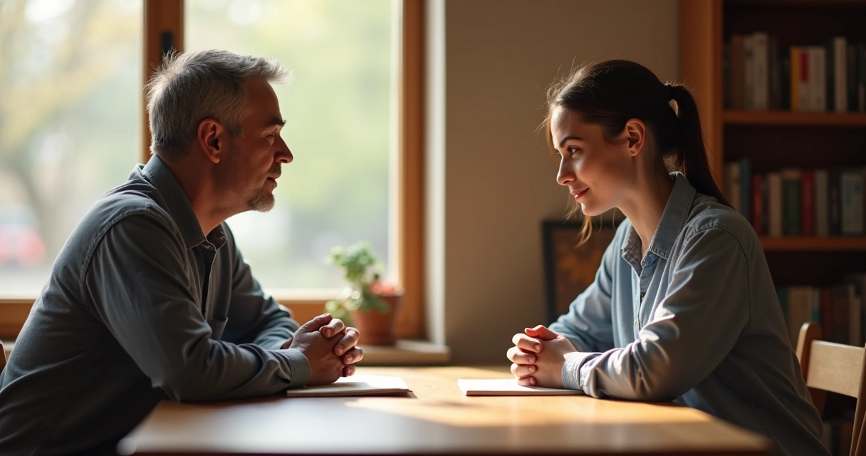 Duas pessoas conversando sentadas em uma mesa de madeira 