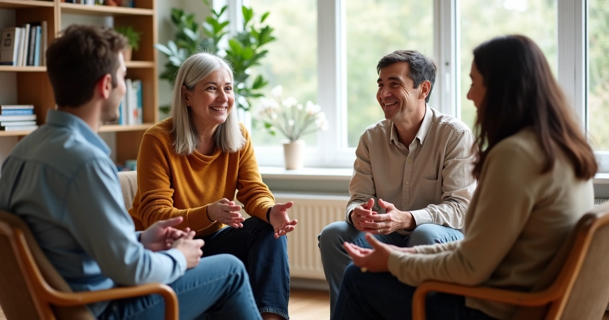 Quatro pessoas sentadas conversando em círculo com expressão amigável e postura aberta 