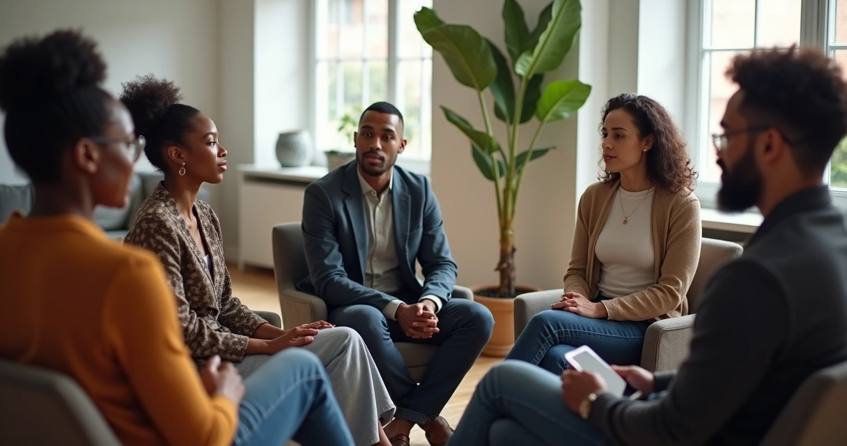 Grupo de pessoas sentadas em círculo trocando ideias 