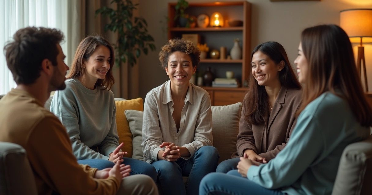 Grupo de pessoas conversando, algumas compartilhando emoções de maneira aberta em um ambiente acolhedor 