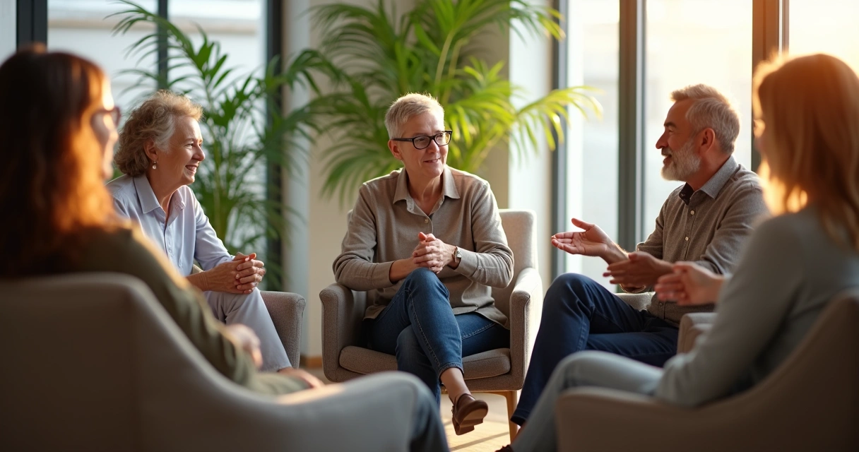 Grupo de pessoas em diálogo sincero em uma sala iluminada 