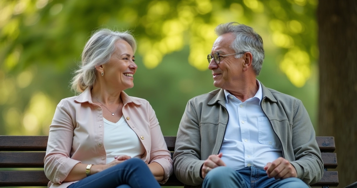 Duas pessoas conversando em um parque com expressões serenas