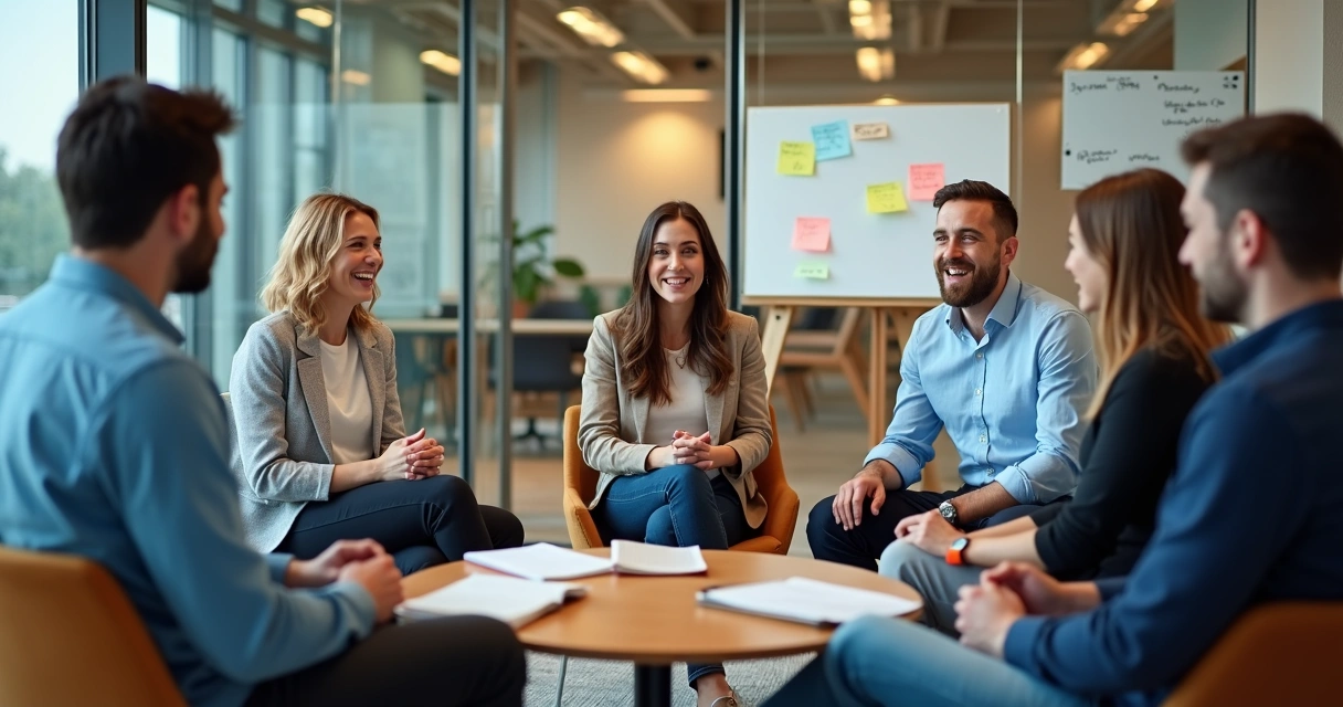 Grupo de colegas conversando em círculo em uma sala de reuniões. 
