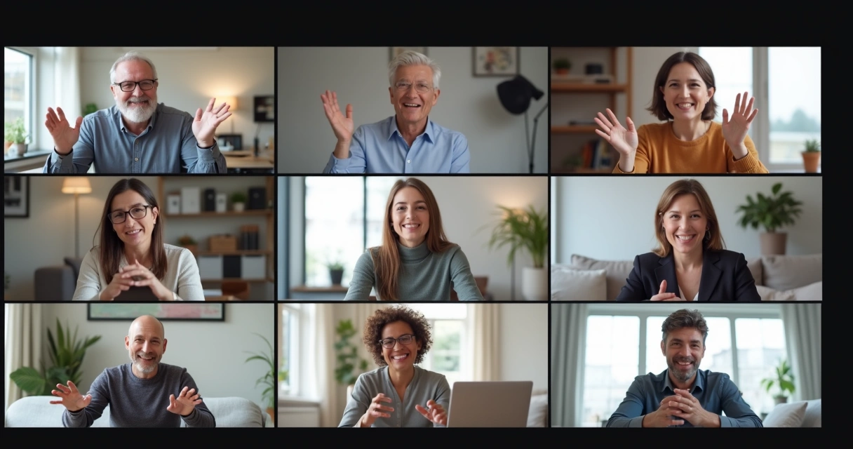 Grupo de pessoas conversando por videoconferência em telas digitais 