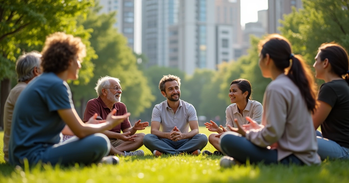 Grupo de pessoas conversando sentadas em círculo em parque urbano com prédios ao fundo 