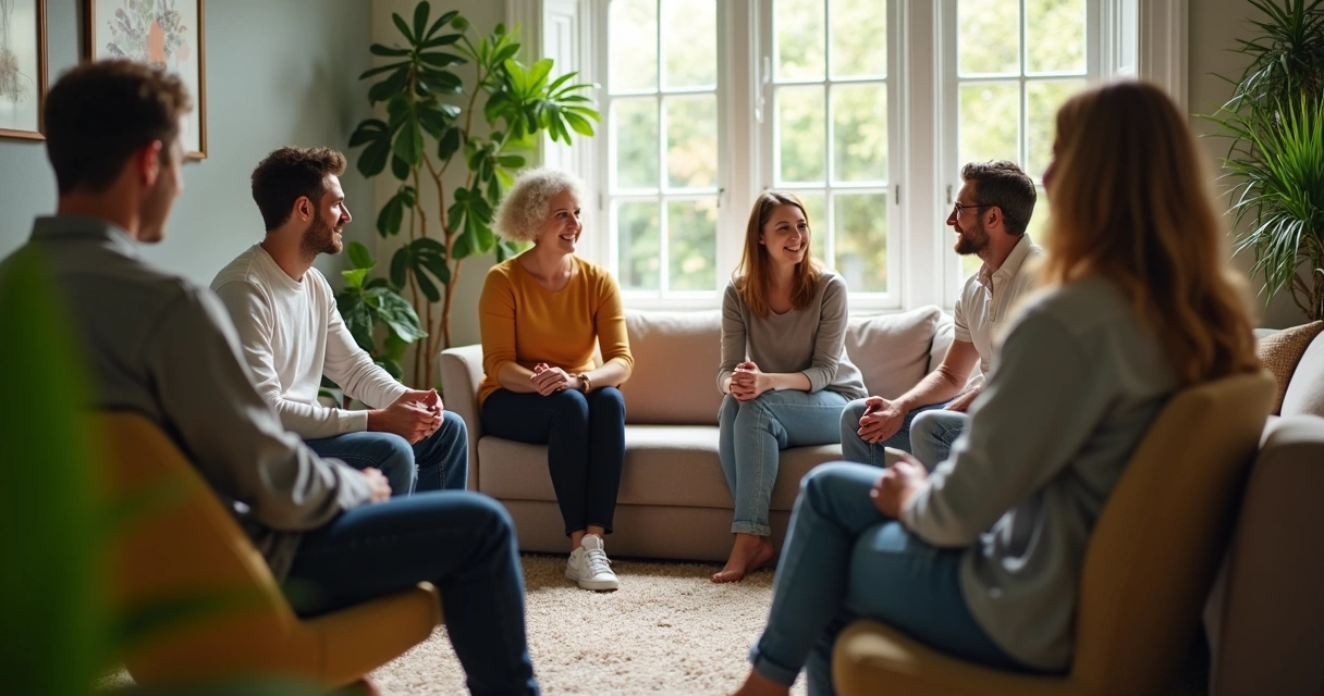 Pessoas sentadas formam círculo e conversam em ambiente acolhedor 