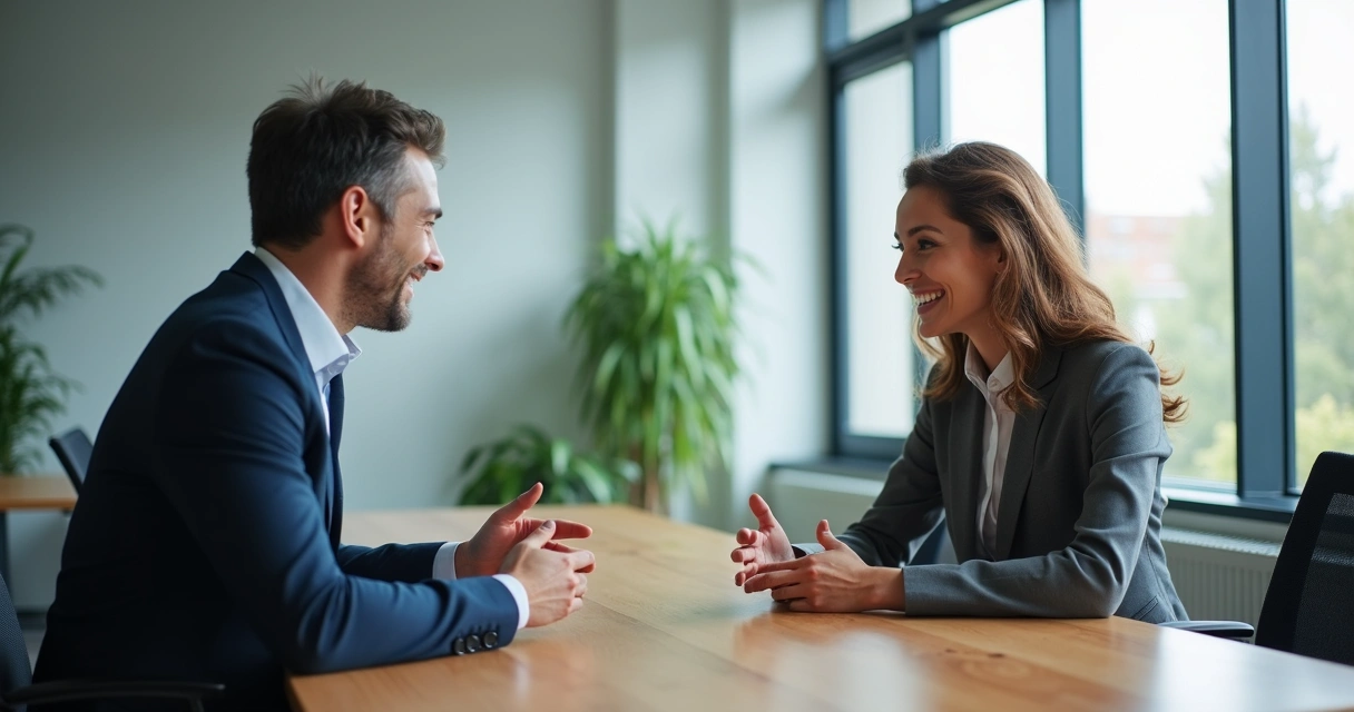 Duas pessoas sentadas em uma mesa de escritório conversando com expressões amigáveis 
