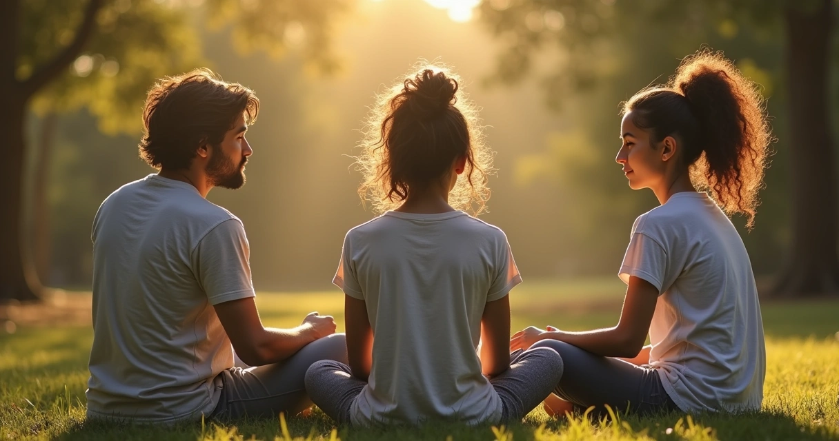 Três pessoas sentadas em círculo ao ar livre, cada uma com expressão introspectiva e calma