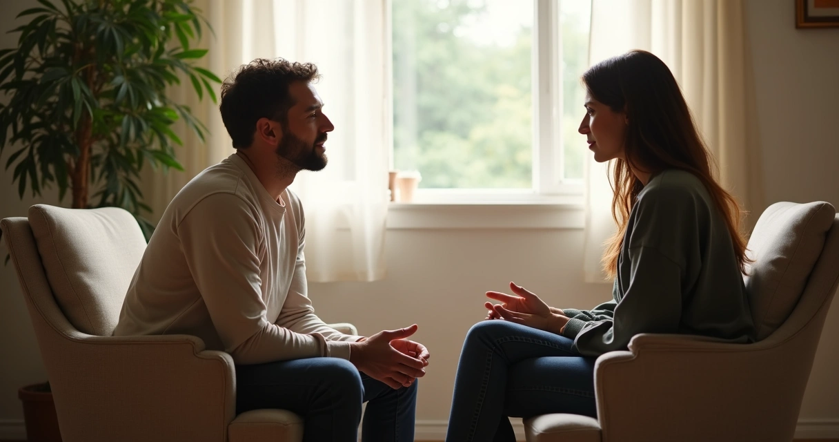Duas pessoas conversando em cadeira em ambiente tranquilo 