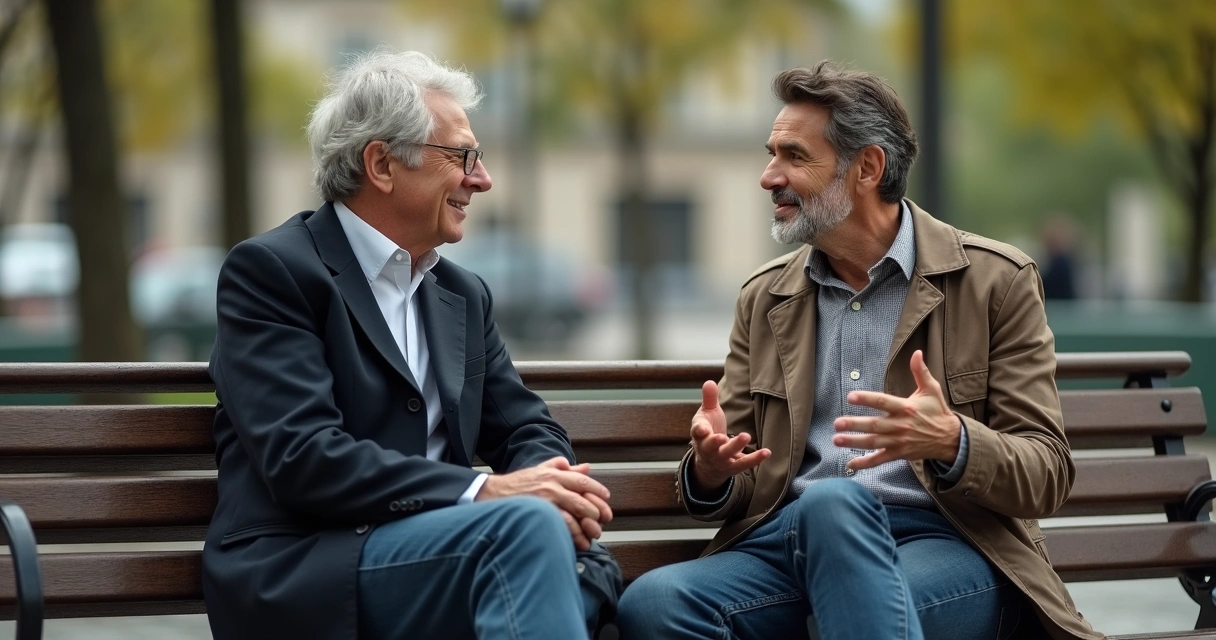 Duas pessoas conversando respeitosamente em ambiente urbano 
