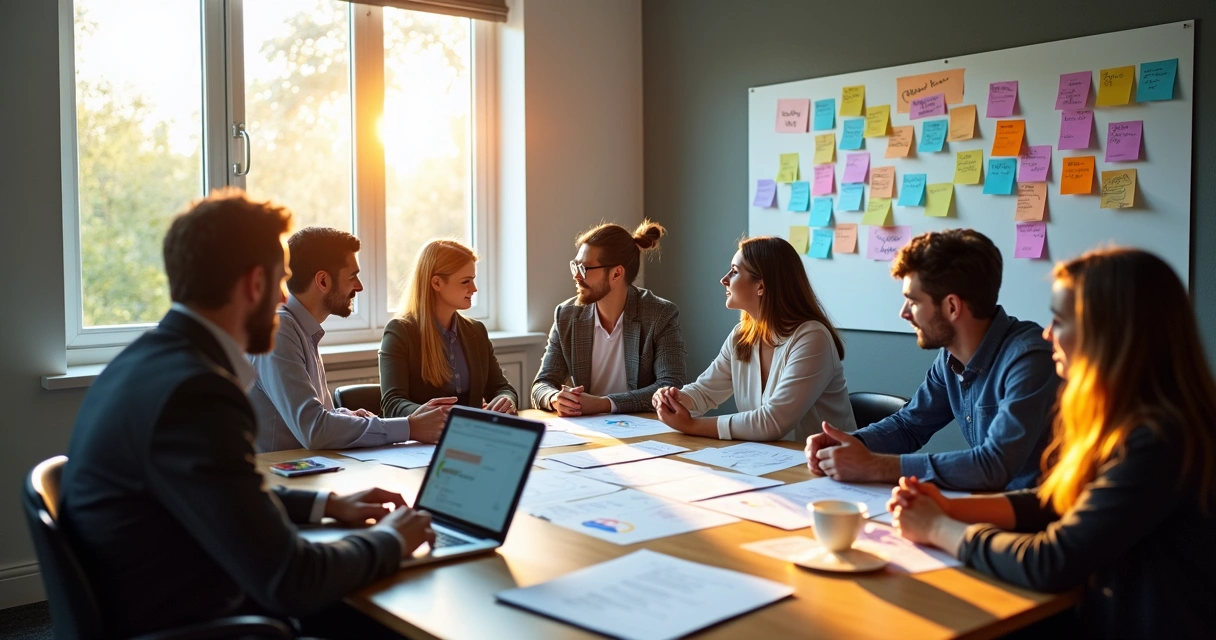 Equipe analisa respostas abertas de pesquisa em sala 