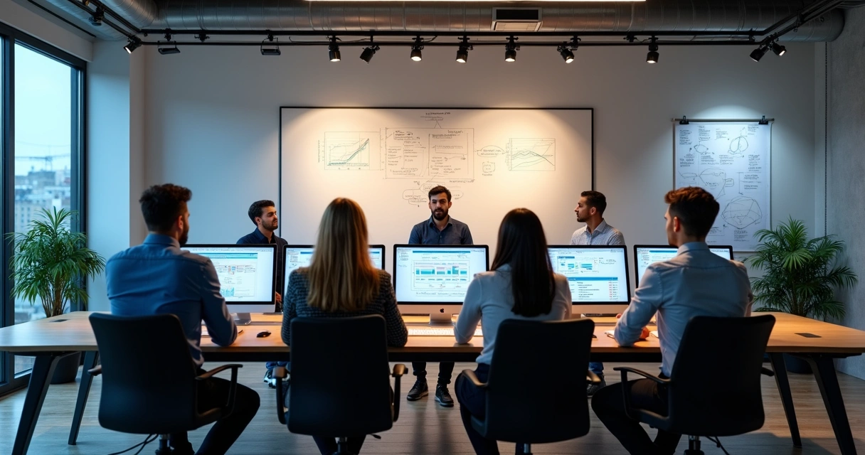 Profissionais em reunião discutindo automação com gráficos e telas de computador. 