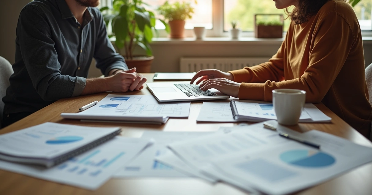 Duas pessoas sentadas à mesa analisando documentos financeiros 